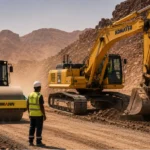 Engins de chantier à Djibouti — pelleteuse Komatsu et rouleau Ammann sur chantier BTP, ACRIES concessionnaire officiel