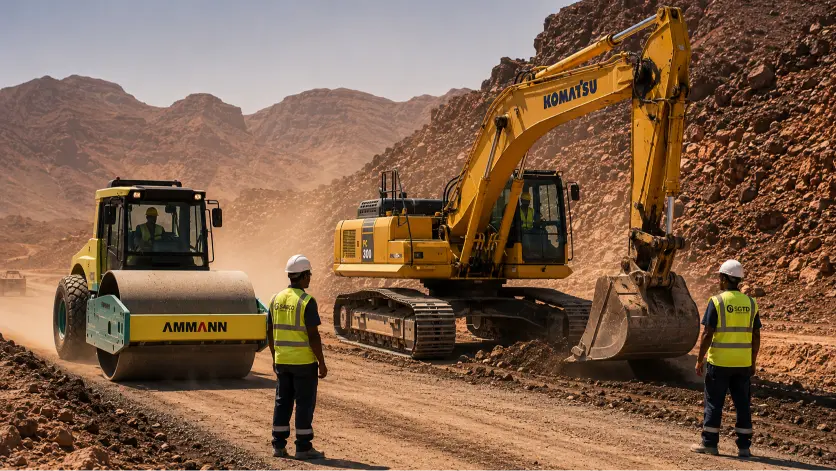 Engins de chantier à Djibouti — pelleteuse Komatsu et rouleau Ammann sur chantier BTP, ACRIES concessionnaire officiel