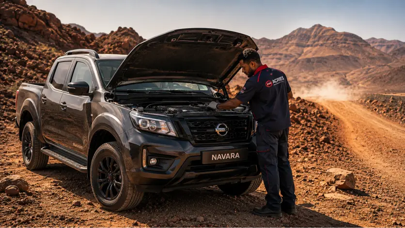 Entretien Nissan Navara Djibouti — technicien ACRIES révisant un pick-up Nissan sur piste volcanique