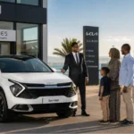 Acheter KIA neuve à Djibouti — conseiller ACRIES présentant un KIA Seltos neuf à un client djiboutien devant le showroom officiel