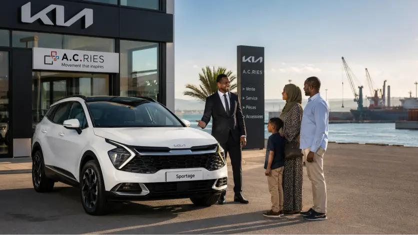 Acheter KIA neuve à Djibouti — conseiller ACRIES présentant un KIA Seltos neuf à un client djiboutien devant le showroom officiel