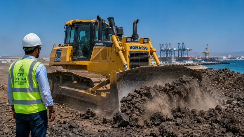 Bulldozer Komatsu à Djibouti en action sur chantier de terrassement – ACRIES distributeur officiel Komatsu