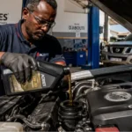 Huile moteur à Djibouti — technicien ACRIES effectuant une vidange sur un Nissan Navara dans l'atelier officiel ACRIES Djibouti