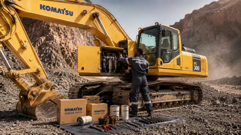 Komatsu entretien Djibouti -technicien certifié ACRIES effectuant la maintenance d'une pelleteuse Komatsu sur chantier djiboutien