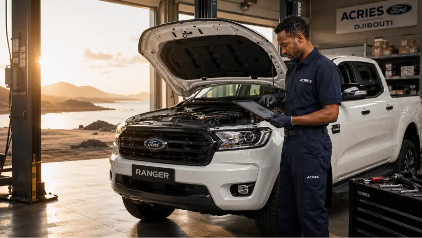 Révision voiture à Djibouti — technicien ACRIES inspectant un Ford Ranger dans l'atelier officiel d'ACRIES Djibouti