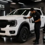 Auto detailing à Djibouti — technicien ACRIES appliquant un coating céramique sur un Ford Ranger, protection carrosserie professionnelle depuis 1946