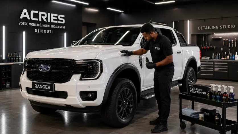 Auto detailing à Djibouti — technicien ACRIES appliquant un coating céramique sur un Ford Ranger, protection carrosserie professionnelle depuis 1946