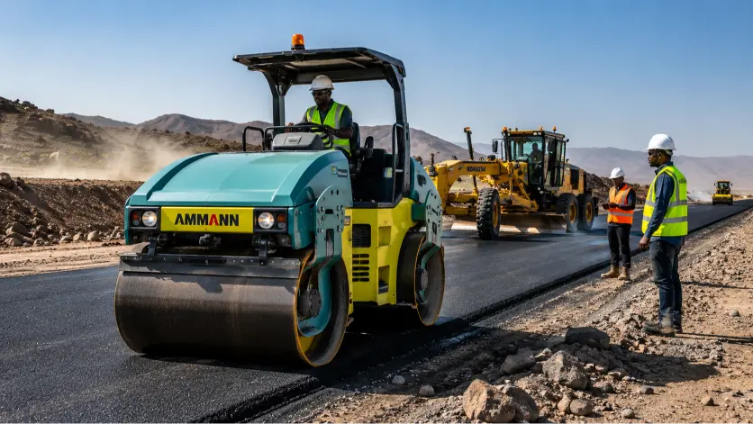 Chantiers routiers à Djibouti — rouleau compacteur Ammann ARX sur chantier d'enrobé avec niveleuse Komatsu, équipements distribués par ACRIES depuis 1946