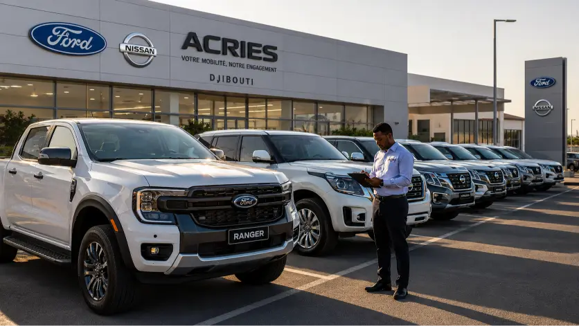 Flotte d'entreprise à Djibouti — Ford Ranger et Nissan alignés devant le showroom ACRIES, concessionnaire officiel depuis 1946
