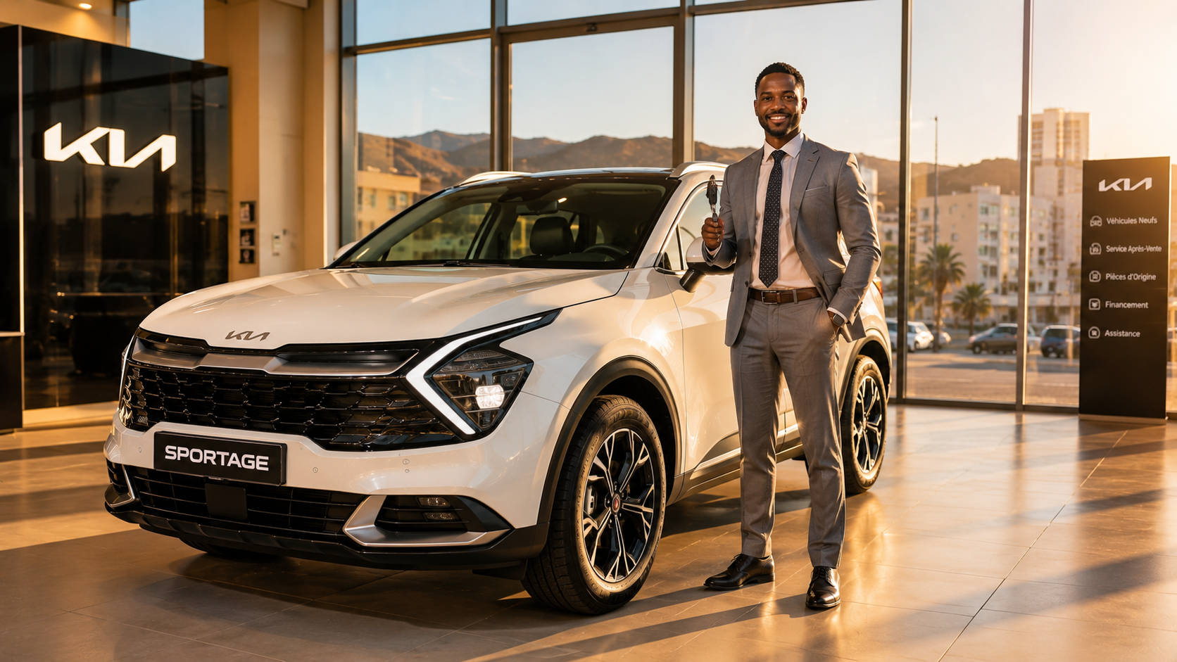 Acheter une KIA neuve à Djibouti — KIA Sportage blanc dans le showroom ACRIES avec conseiller certifié
