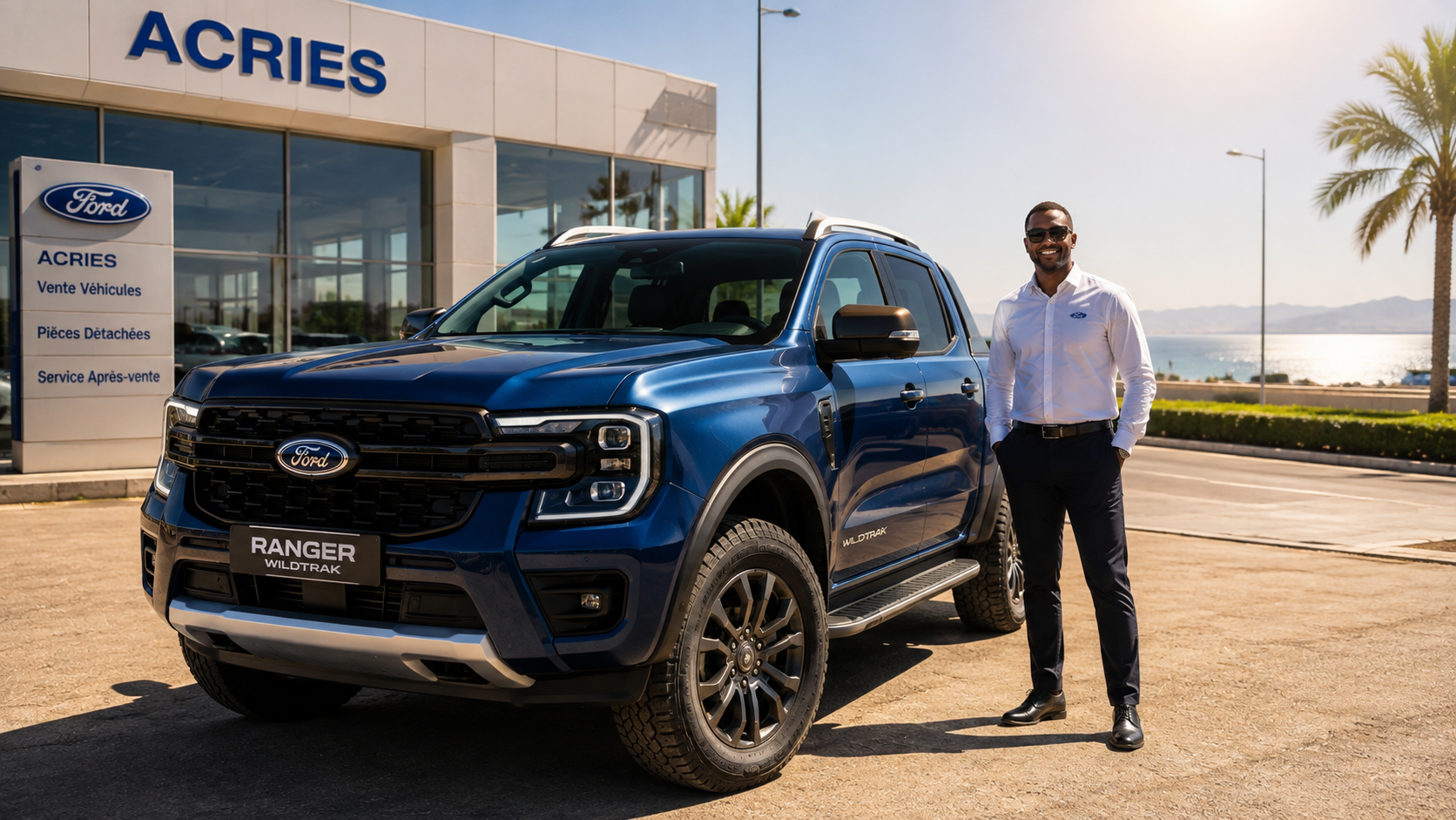 Concessionnaire Ford à Djibouti — Ford Ranger bleu devant le showroom ACRIES avec vue sur le Golfe de Tadjourah