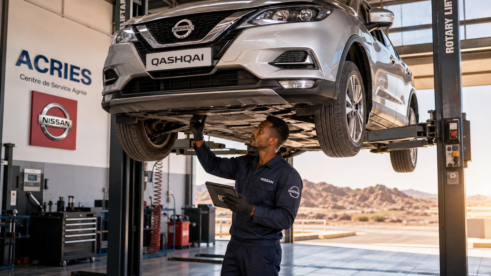 Entretien Nissan Qashqai à Djibouti — technicien certifié ACRIES réalisant une révision complète du SUV Nissan en atelier officiel
