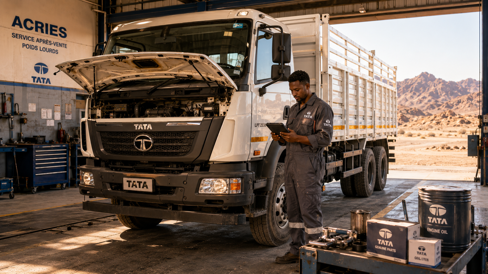 Entretien camion TATA à Djibouti — technicien certifié ACRIES réalisant l'inspection complète d'un poids lourd TATA en atelier officiel