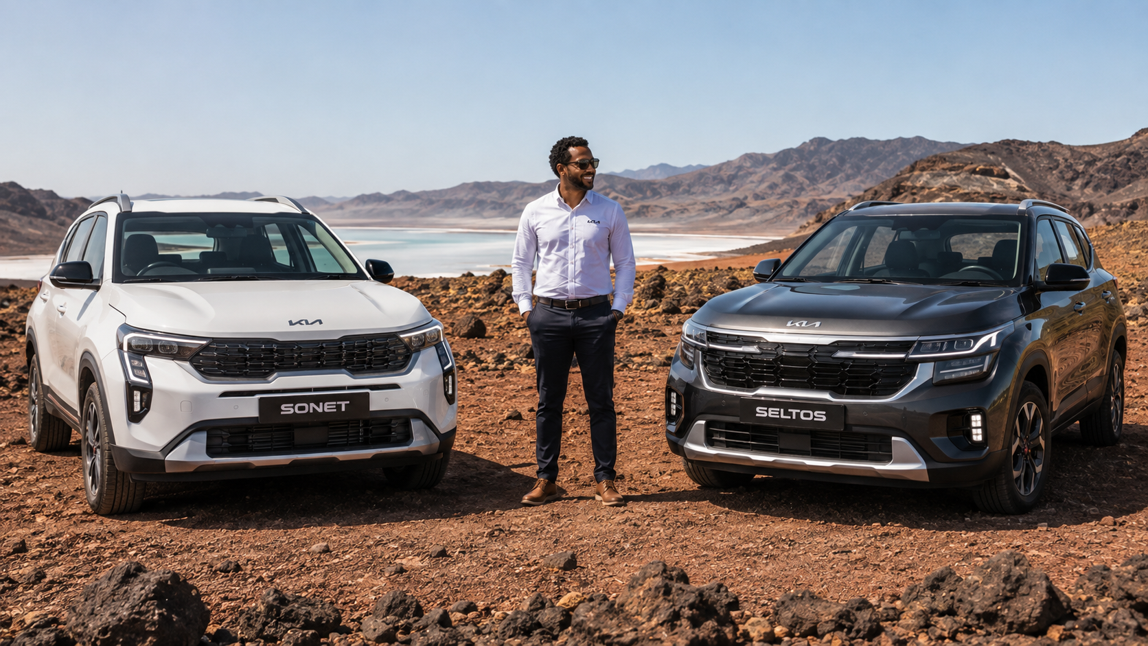 KIA Sonet vs KIA Seltos à Djibouti — comparatif des deux SUV KIA côte à côte sur le terrain volcanique djiboutien