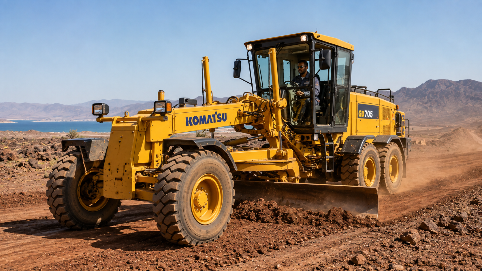Niveleuse Komatsu à Djibouti — niveleuse Komatsu GD705 en opération sur chantier routier avec opérateur ACRIES