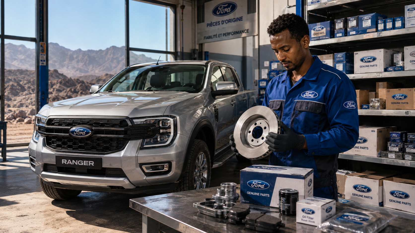Pièces détachées Ford à Djibouti — technicien ACRIES avec disque de frein Ford d'origine en atelier certifié