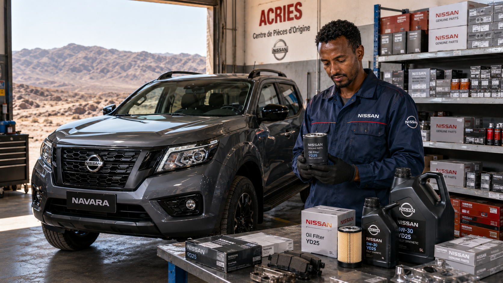 Pièces détachées Nissan à Djibouti — technicien ACRIES avec filtre moteur Nissan d'origine en atelier certifié