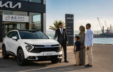Acheter KIA neuve à Djibouti — conseiller ACRIES présentant un KIA Seltos neuf à un client djiboutien devant le showroom officiel