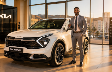 Acheter une KIA neuve à Djibouti — KIA Sportage blanc dans le showroom ACRIES avec conseiller certifié