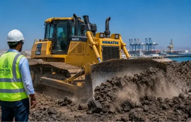 Bulldozer Komatsu à Djibouti en action sur chantier de terrassement – ACRIES distributeur officiel Komatsu