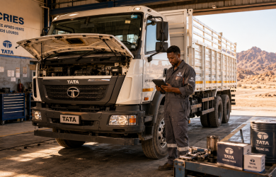 Entretien camion TATA à Djibouti — technicien certifié ACRIES réalisant l'inspection complète d'un poids lourd TATA en atelier officiel