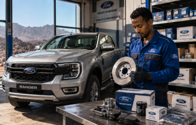 Pièces détachées Ford à Djibouti — technicien ACRIES avec disque de frein Ford d'origine en atelier certifié