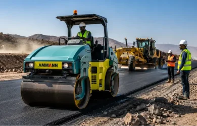 Chantiers routiers à Djibouti — rouleau compacteur Ammann ARX sur chantier d'enrobé avec niveleuse Komatsu, équipements distribués par ACRIES depuis 1946