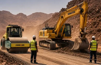 Engins de chantier à Djibouti — pelleteuse Komatsu et rouleau Ammann sur chantier BTP, ACRIES concessionnaire officiel