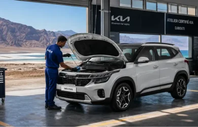 KIA Seltos entretien Djibouti — technicien ACRIES réalisant une révision complète dans l'atelier officiel KIA