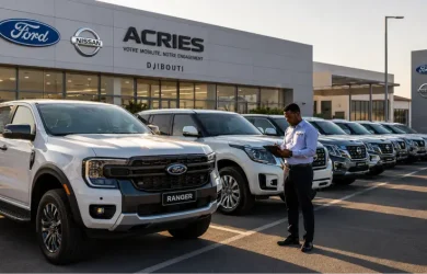 Flotte d'entreprise à Djibouti — Ford Ranger et Nissan alignés devant le showroom ACRIES, concessionnaire officiel depuis 1946
