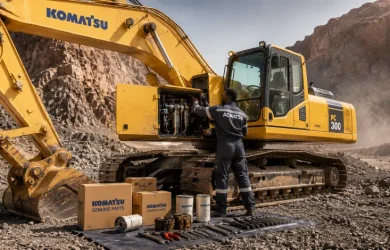 Komatsu entretien Djibouti -technicien certifié ACRIES effectuant la maintenance d'une pelleteuse Komatsu sur chantier djiboutien